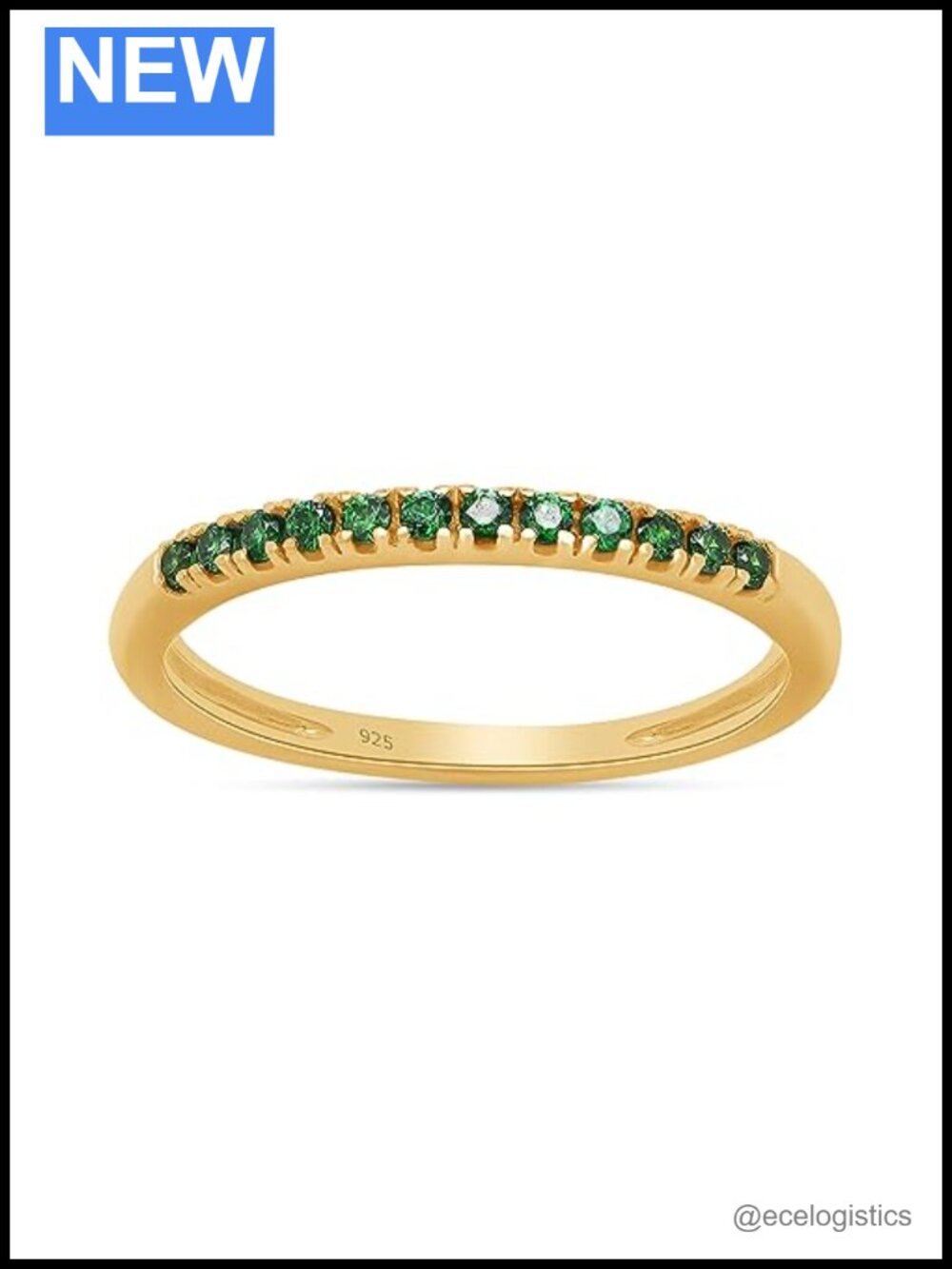 Sterling Silver Yellow Gold Plated Emerald Wedding Band Ring Size 9